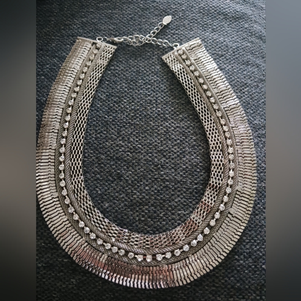 RARE ALI KHAN Chunky Different Silver Plated Mesh & Rhinestone  Necklace